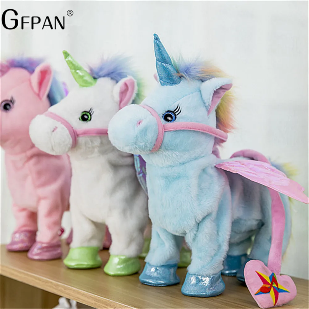 Juguete caliente 1pc eléctrica caminar Peluche de unicornio de juguete Animal relleno juguete de música electrónica de juguete para niños regalos de navidad