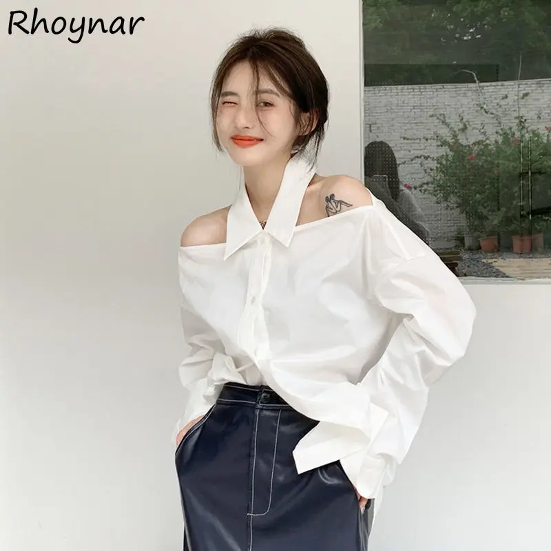 Shirts Women White Fashion Korean Style Vintage Turn-down Collar Office Lady Hollow Out Sexy Off Shoulder Loose Street Elegant