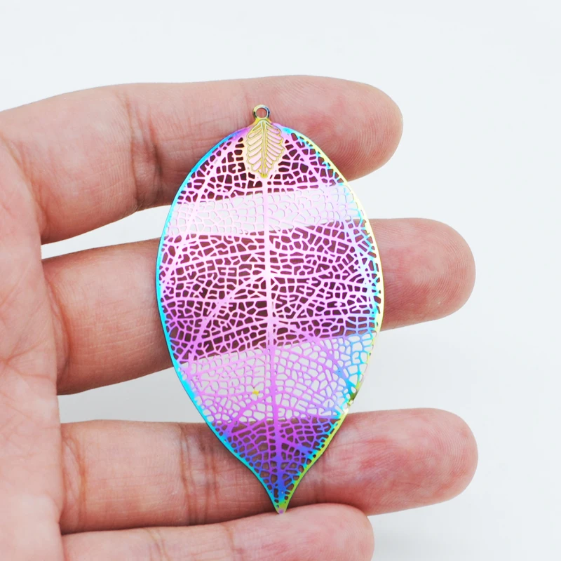 6PCS Stainless Steel Hollow Drop Filigree Stamping Pendants Leaf Rainbow Colors Filigree Charms For Jewelry Finding