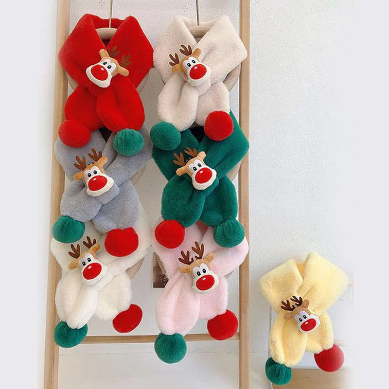 Cute Children Christmas Elk Scarf Winter Scarf Boy Girls Scarves Baby Imitation Rabbit Fur Collar Scarf with Pompom Neck Warmers