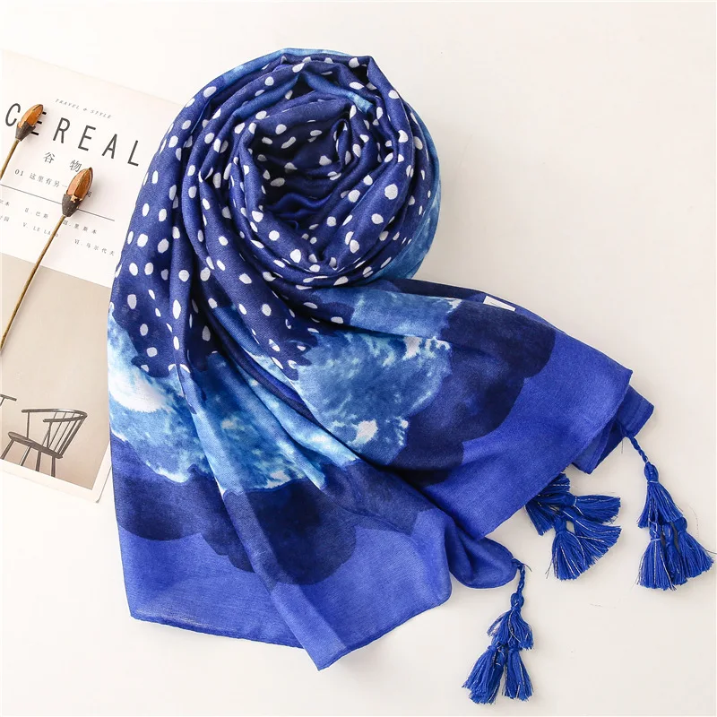 Fashion Navy Blue Dot Floral Tassel Viscose Hijab Shawls and Wraps Female Foulards Echarpe Brand Designer Muslim Sjaal 180*90Cm