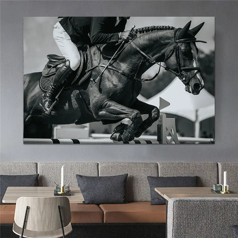 Modern Black and White Horse Pictures Knight Rider Posters and Prints Race Canvas Painting Wall Art for Living Room Decor Quadro