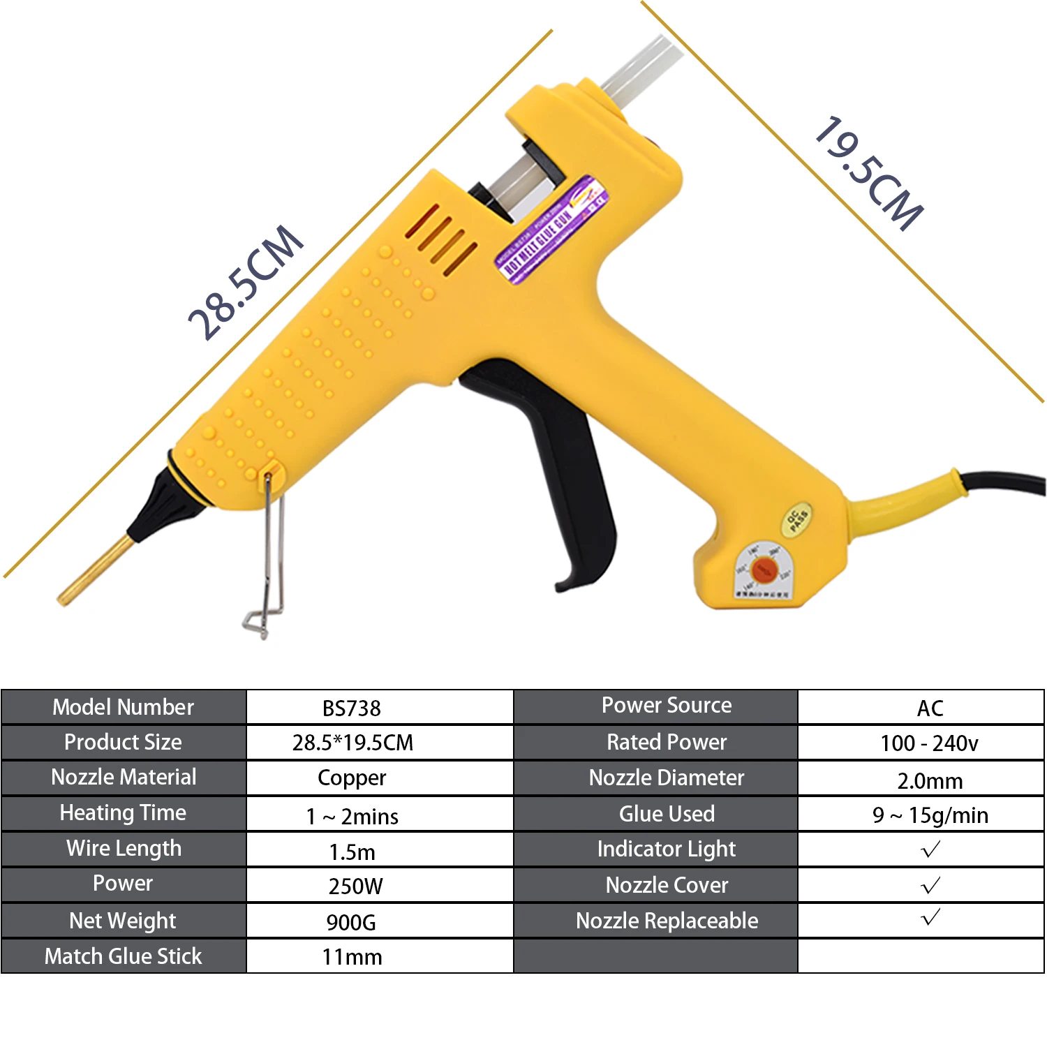 Professional 250W Hot Melt Glue Gun Adjustable Temperature High Power Silicone Gun Set Using 11MM Glue Stick 2.0MM Copper Nozzle