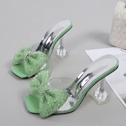 Taglia 34-46 pantofole da festa estive moda verde strass fiocco tacchi sandali donna piazza Open Toe PVC trasparente scarpe diapositive