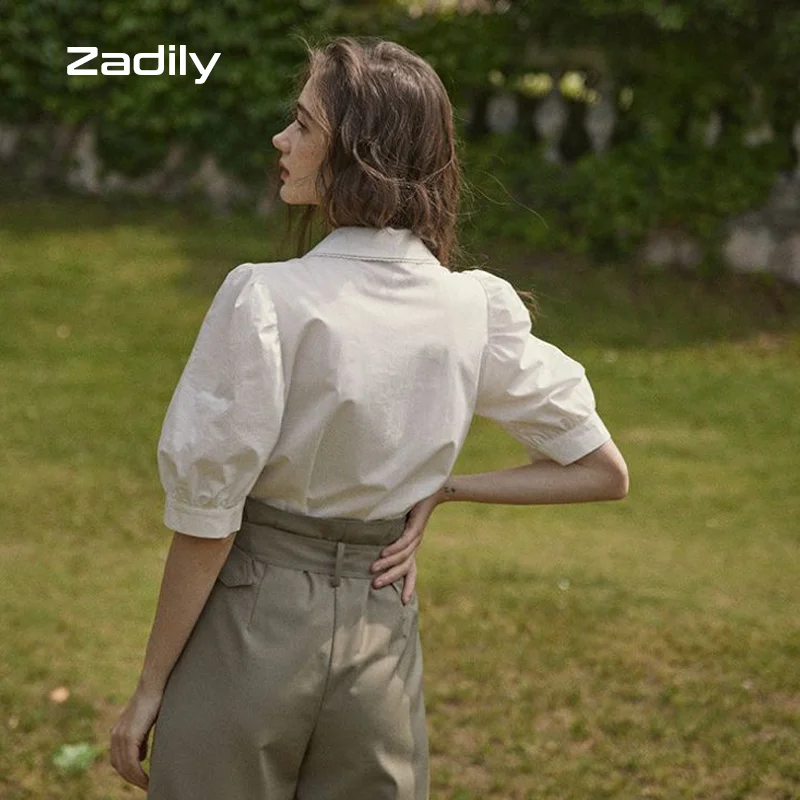 Zadily Chic Vintage Short Sleeve White Shirt Women Lace Turn Down Collar Puff Short Sleeve Blouse 2021 Summer Female Clothing