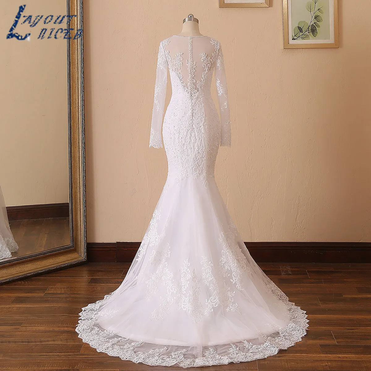 LAYOUT NICEB Sereia Vestidos De Casamento Ilusão Voltar Vestido De Noiva Manga Comprida Beads O Pescoço Lace Apliques Noiva Vestidos De Noiva Sereia de casamento fantasia de volta Vestido De Noiva com mangas longas O a