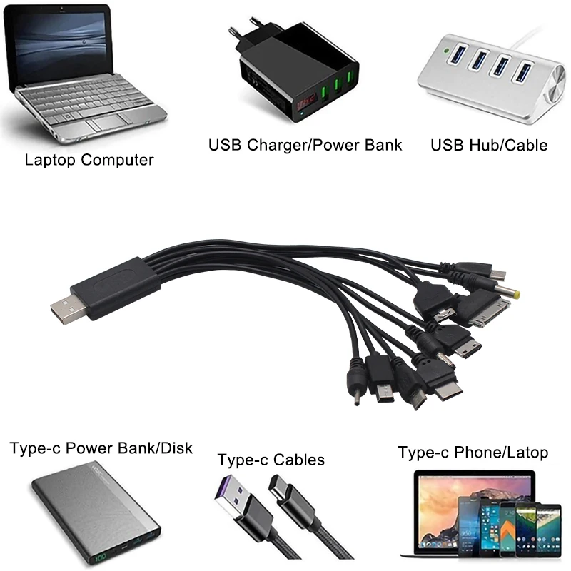 1pc 10 in 1 USB Cable Universal Portable USB Data Cable For Cell Phone Fast Charging Mobile Phone One Drag 10 USB Charging Cable