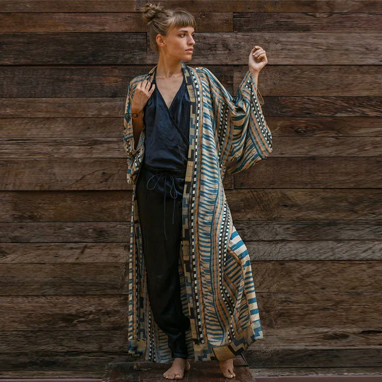 بيكيني يغطي المنبثقة بوهو طباعة الذاتي مربوط الجبهة المفتوحة طويل كيمونو فستان شاطئ شاطئ تونك المرأة لباس سباحة التستر بحر