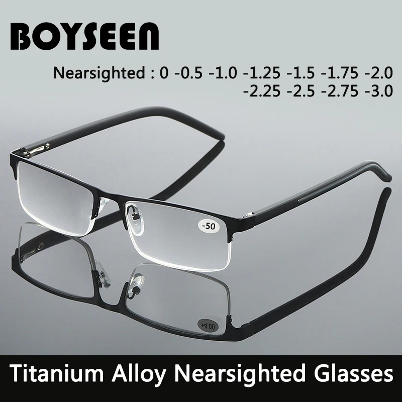 BOYSEEN Kurzsichtige Brille aus Titanlegierung, nicht sphärisch, 12-lagig beschichtet, Minus-Gläser, Business-Myopie-Brille – 0,5 – 1,0 – 1,25