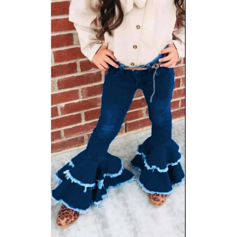 New Fashion Toddler Kid Baby Girls Bell-Bottoms Pant Denim High Waist Wide Leg Jeans Trousers Pants 3-7 Y