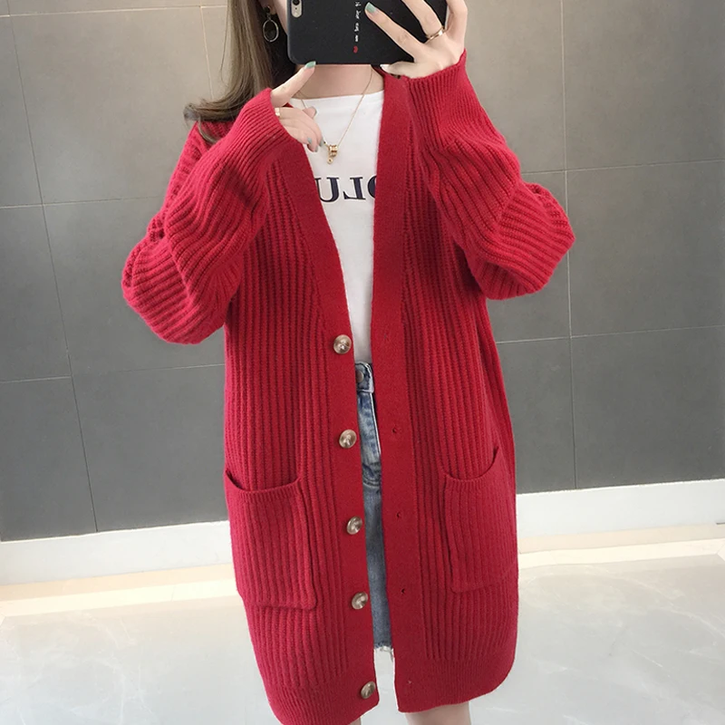 

Baisc Autumn Women Knitted Long Cardigan Solid Long Sleeve Female Sweater with Buttons and Pockets Casual Lady Cardigans Outwear