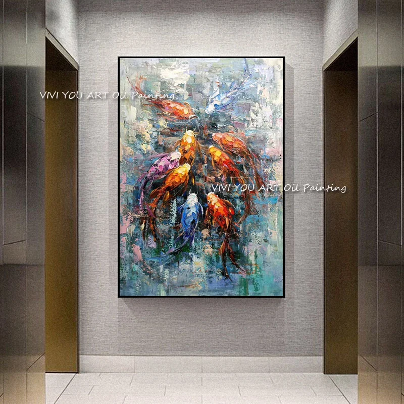 

The Fashion Koi Abstract Color Water Lucky Painting Handmade Oil Painting Canvas Gold Paintings Wall Pictures Art Wall Artwork