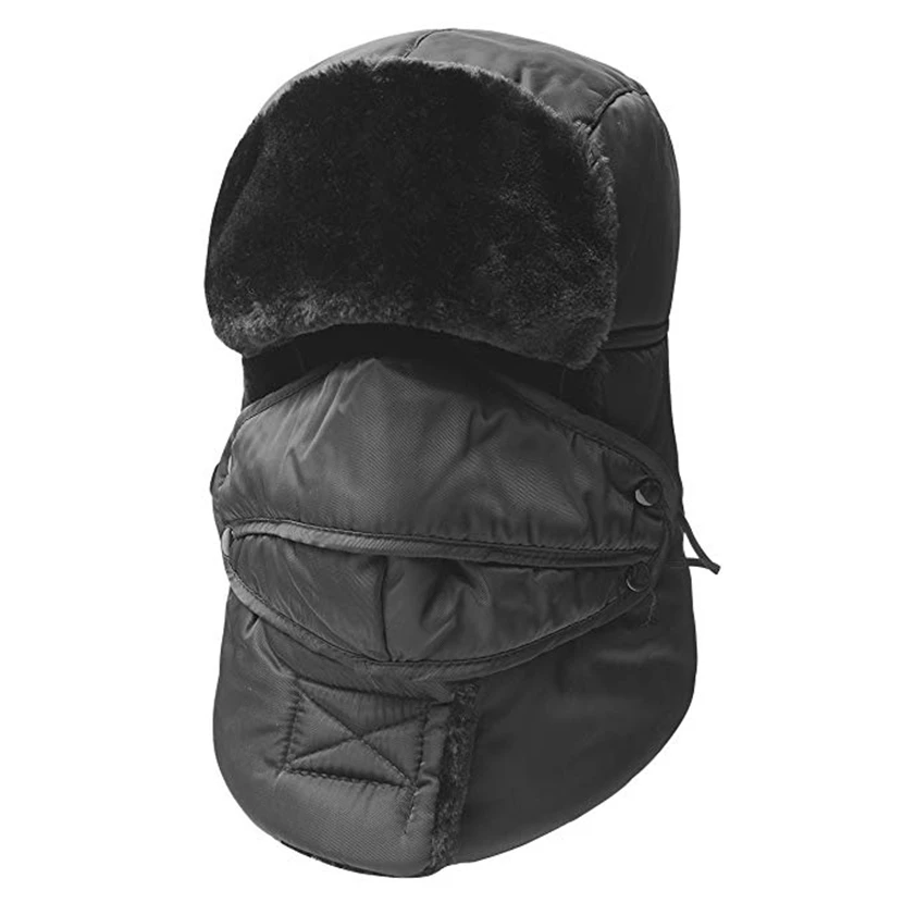 Men Winter Hats Thermal Thicken Ski Hat Hiking Caps Ski Snowboard Hat with Winter Ear Flap and Ski Windproof Mask Black