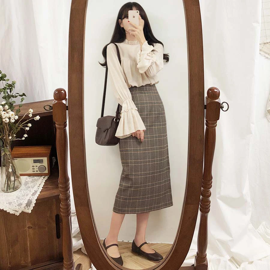 2021 Vintage Plaid Womens Skirts Autumn Pencil Long Female Warm Thick Mujer Women Winter High Waist Skirt Girl Maxi Midi Pleated