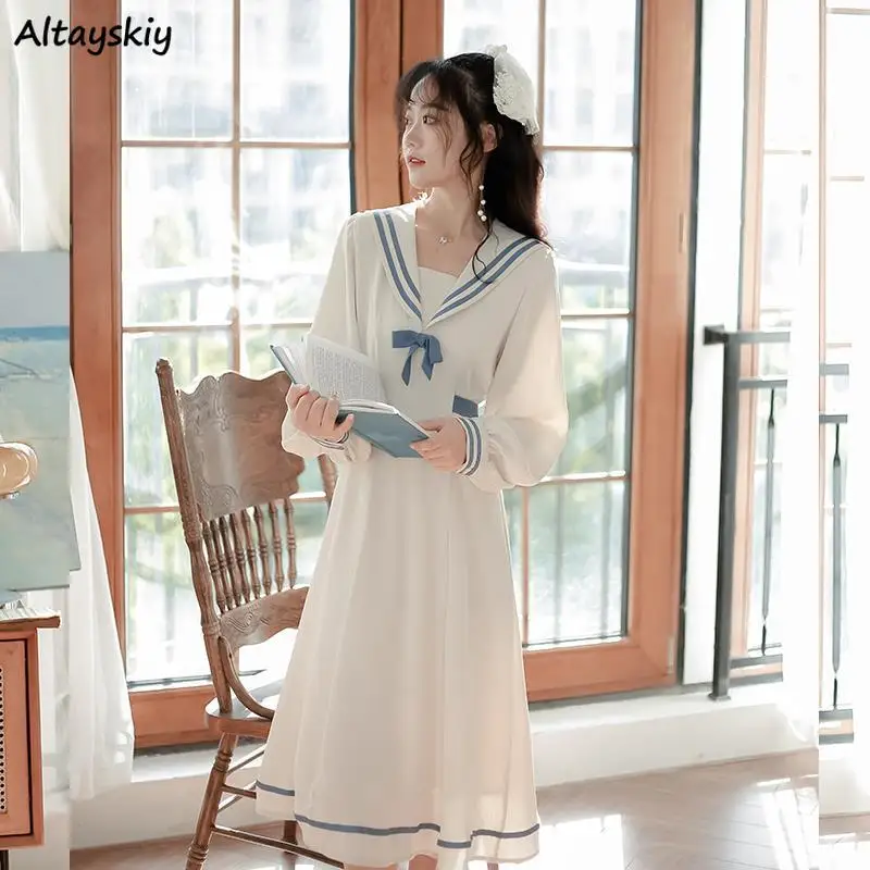 Long Sleeve Dress Women Patchwork Sailor Collar Preppy Style Spring Gentle Stylish Korean Version Bow High Waist Student Vestido