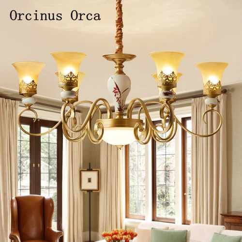 European style retro gold painted chandelier hotel living room bedroom French classic white ceramic Chandelier