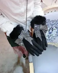 Women's Winter Gloves Rabbit Hair Rhinestone Full Diamond Shiny Bow Winter Gloves Korean Fashion Warm Touch Screen Gloves A364