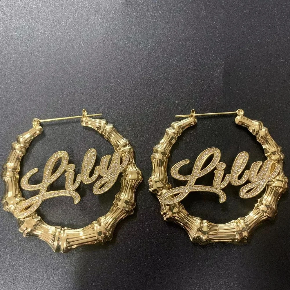 Sexy Gold Carved Custom Bamboo Name Earrings Diamond Personalized Gothic Crystal Hoop Letter Nameplate Earrings Birhtday‘s Gifts