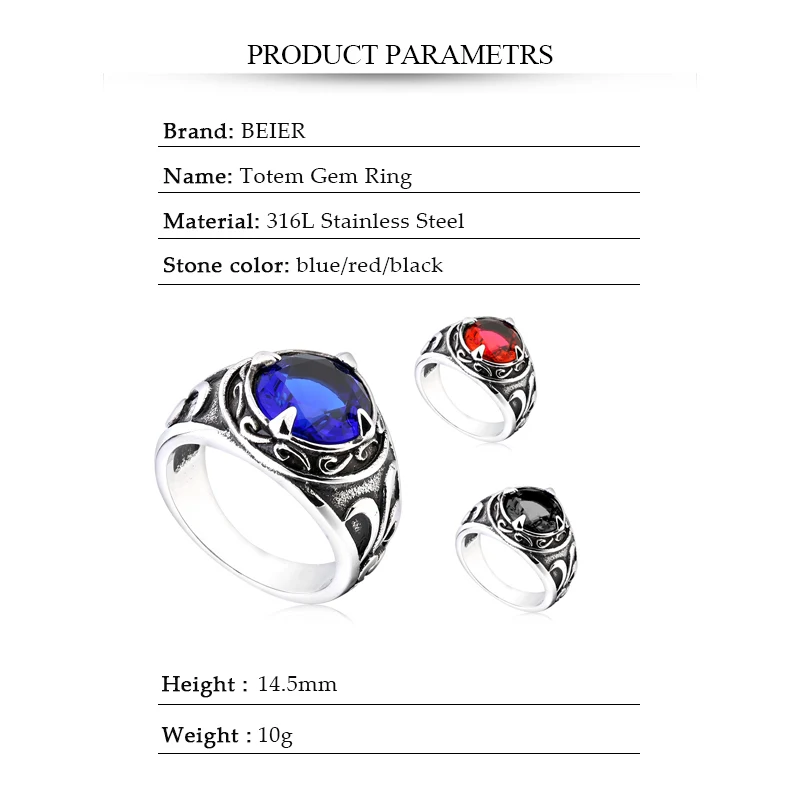 BEIER  New Vintage Northern Europe Viking Stainless Steel Ring With 3colour Stone Fashion Retro Cool Jewelry  BR8-270