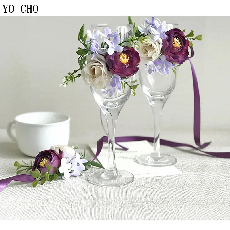 YO CHO Purple Wedding Bracelet Groom Boutonniere Wedding Corsage and Women Brooch Flore Wedding Marriage Corsage Bracelet Flower