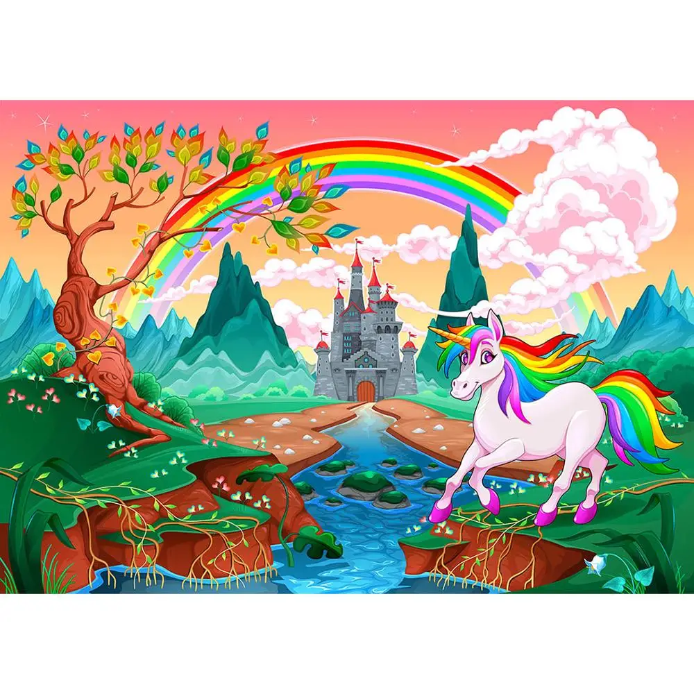 

Unicorn Rainbow Castle Mountain Photography Background Vinyl Backdrops for Baby Children Birthday Party Photophone Photo Studio