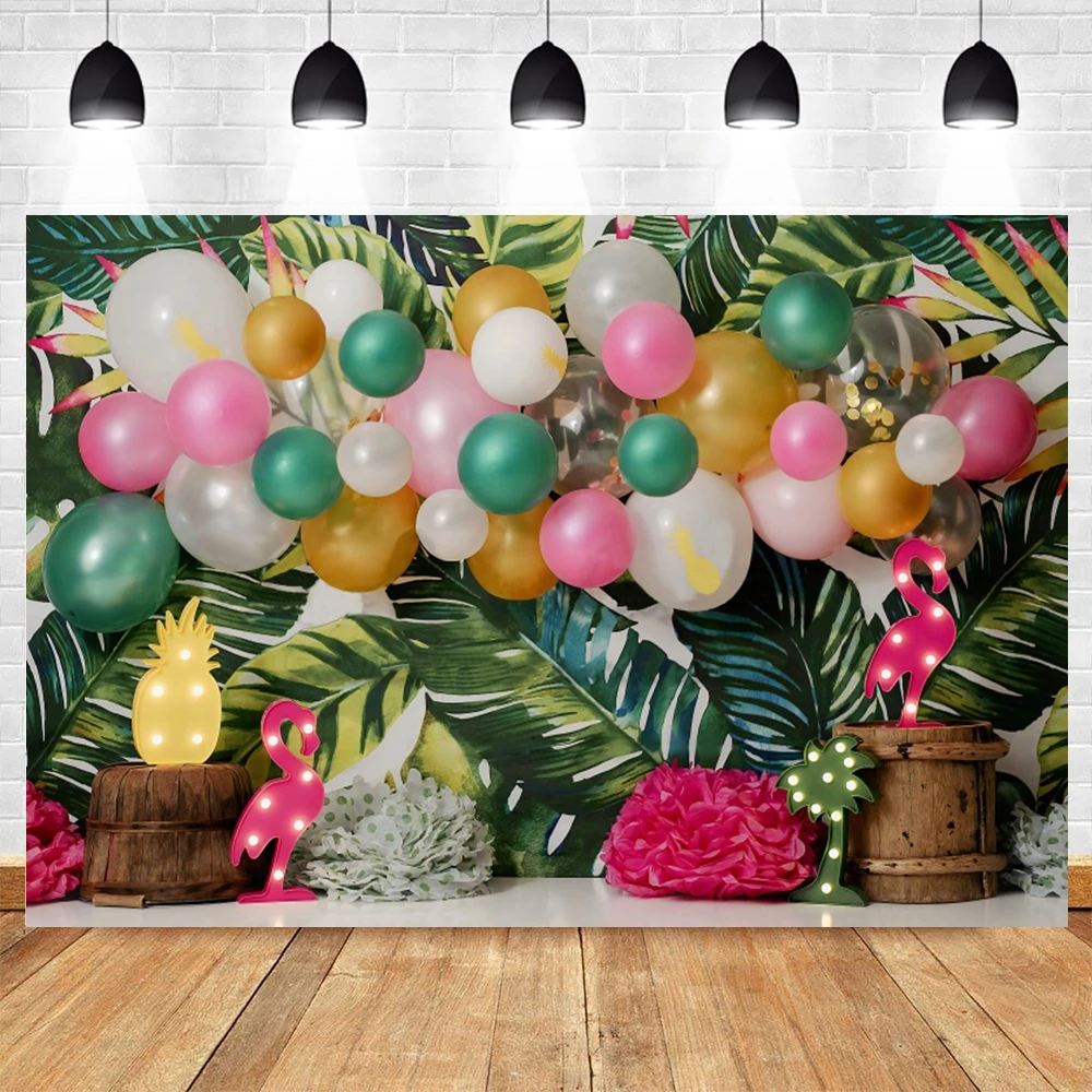 写真の背景ケーキの花輪夏のトロピカルグリーンの葉フラミンゴ誕生日パーティーの写真背景スタジオの装飾