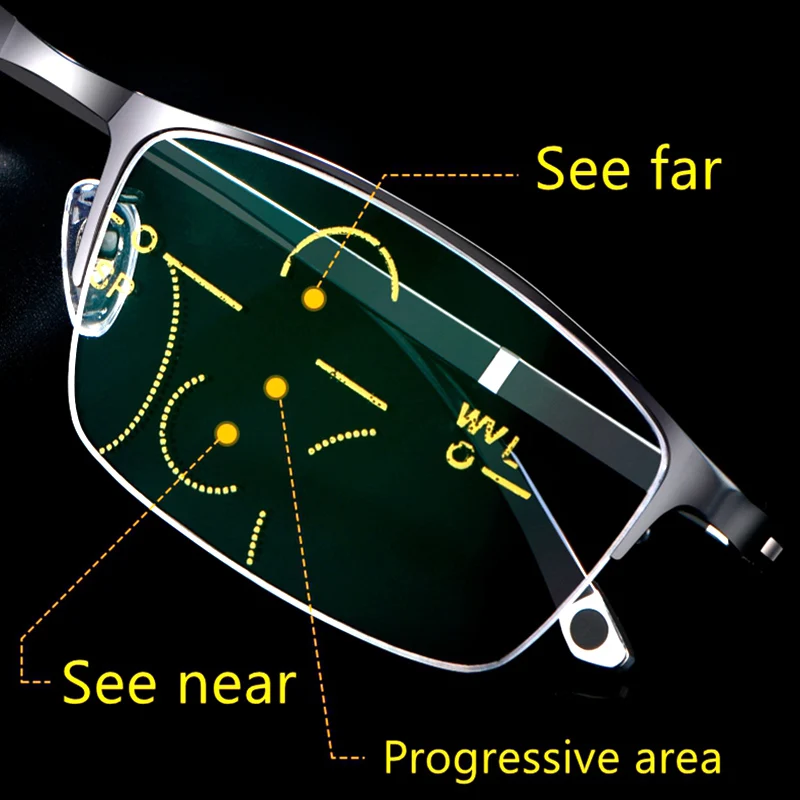 2020 Photochromic Reading Glasses Men Progressive Multifocal Presbyopia Anti-blue Light Cross Decoration Metal Frame Black