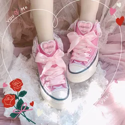 Lolita high heel canvas shoes lace bow ruffled princess summer student vintage cute bowknot bandage kawaii shoes cosplay loli