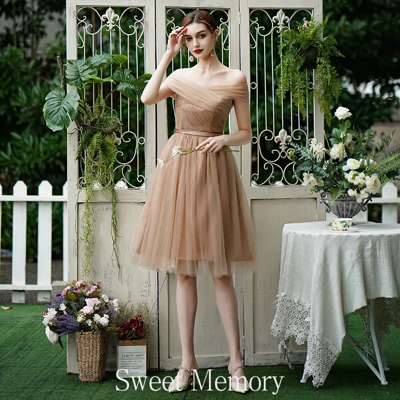 N2076 Coffee Color Short Bridesmaid Dresses Wedding Party Dress Simple Knee Length Robe De Soiree Vestidos