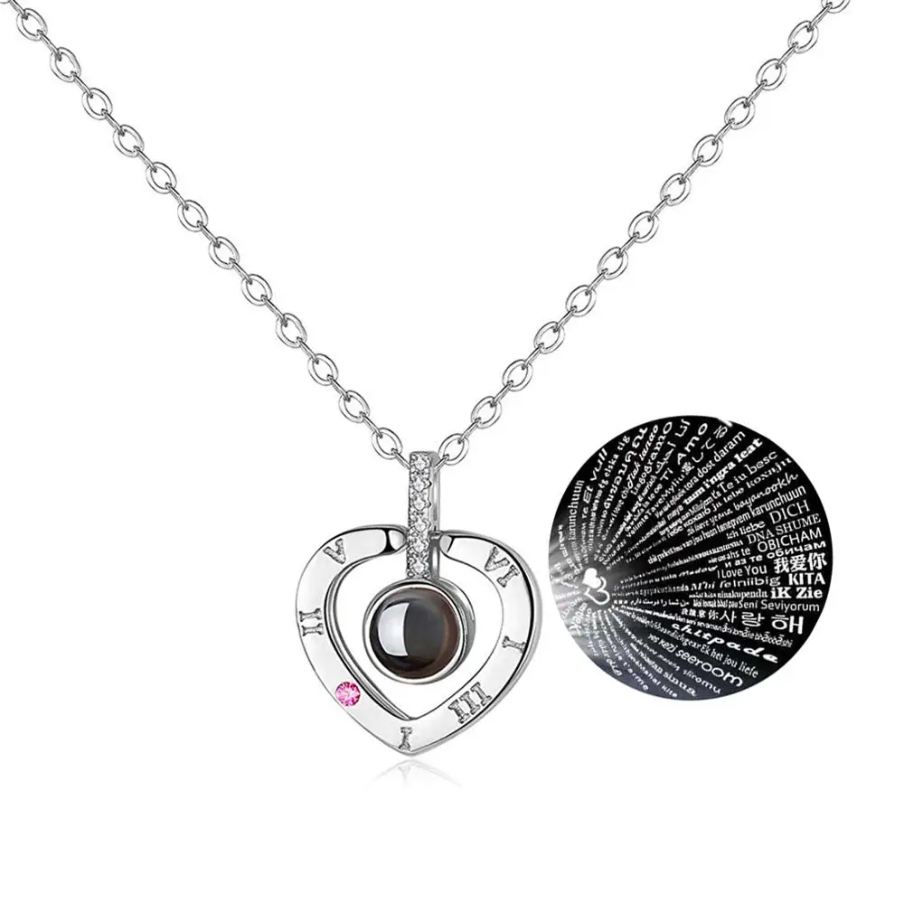 100 Languages I Love You Necklace With Box Heart Silver Projection Necklaces Valentine's Day Gift For Mom Daughter GF Wife Lover