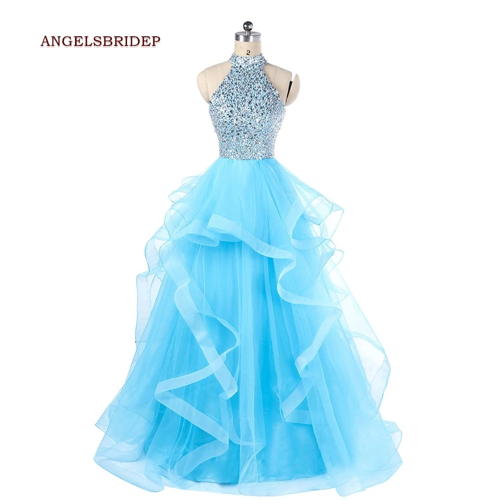 ANGELSBRIDEP wysoka dekolt niebieska sukienka na studniówkę zroszony Tulle Party Dress wzburzyć Vestidos de festa formalne suknie wieczorowe