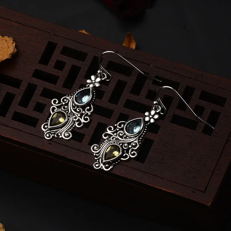 JoiasHome 925 Earrings Vintage Ethnic Blue Sea Topaz Creative Passion Flower Water Drop Pear Shaped Earrings