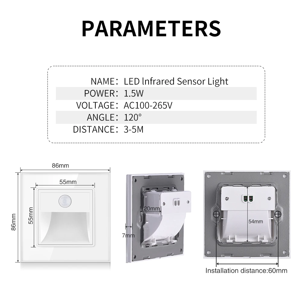 UBARO Tempered Glass Panel Wall Sensor Light  Balcony Corridors Stairs Human Body Induction PIR Motion Led Step Lamp Ac100-240V