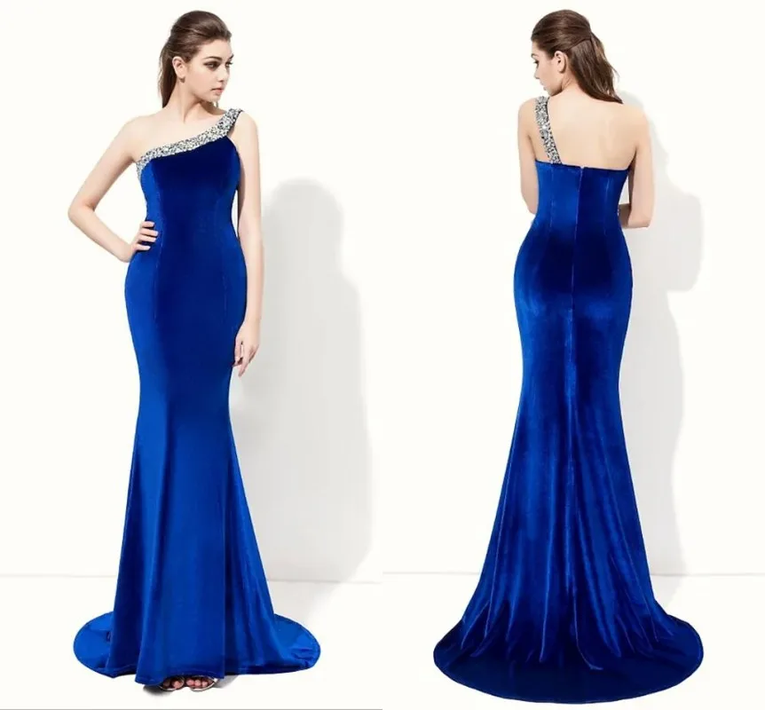 

Royal Blue Mermaid Evening Dresses One Shoulder Beading Velvet Long Prom Party Gowns White Robes De Soirée Vestidos Fiesta