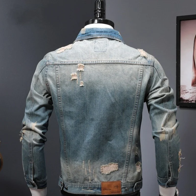 Mens Fashion Denim Coat Personality Washed Ripped Hole Slim Biker Jacket Spring Autumn Casual Long Sleeve Cowboy Short Coat Male