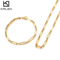 KALEN Charm Stainless Steel  Chain Necklace and Bracelet Set for Women Girls Gold Color Herringbone Link Bohemian Jewelry Set