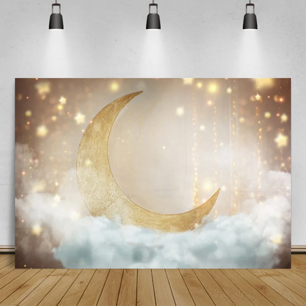 Dreamy Shiny Gold Moon Star Party Photo Backdrop Baby Shower 1st Birthday Portrait Photographic Backgrounds For Photo Studio