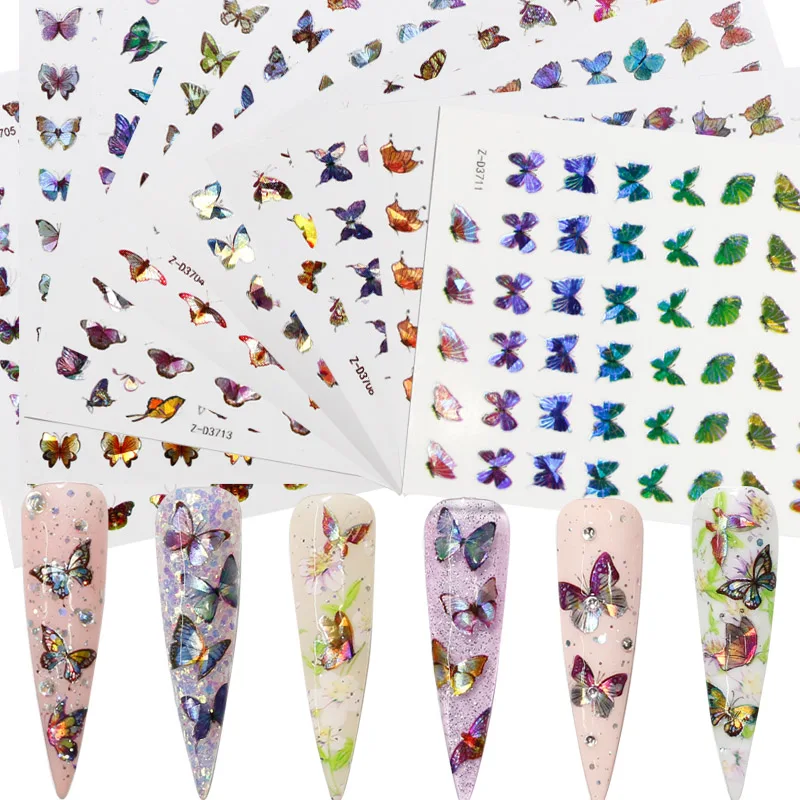 

1pc Holographic Blue Nail Stickers Pink Colorful Butterfly Art Sticker Lase holo Manicure Art Sticker DIY Nail Design 3700-17