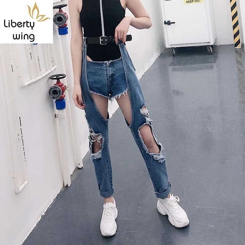 

Spring Summer Big Hole Ripped Belt Jeans Woman Open Knee Casual Harem Trousers Student Fashion Hip Hop Streetwear Denim Pants