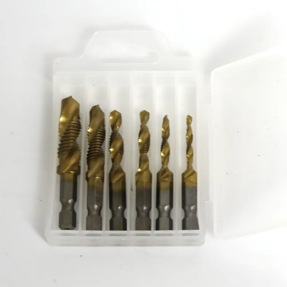 6Pcs Tap เจาะชุดไทเทเนียม Hex Shank HSS สกรูเมตริกเจาะ Bits Compound เครื่องมือ m3 M4 M5 M6 M8