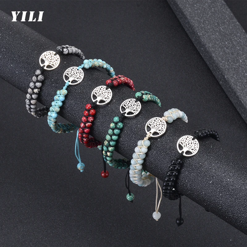 Pulsera de cuentas de piedra natural de 6 mm, pulsera bohemia del árbol de la vida, pulseras de chakra, pulsera de cuentas de cristal trenzada a mano para mujer