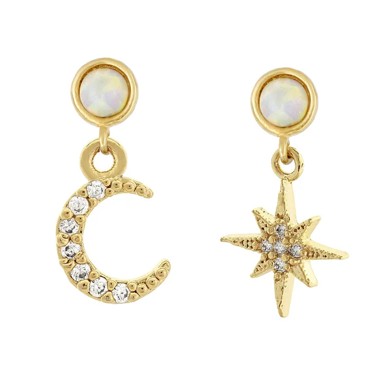 Promotion Gold color white fire opal clear cz moon star dangle drop earring classic fashion women jewelry