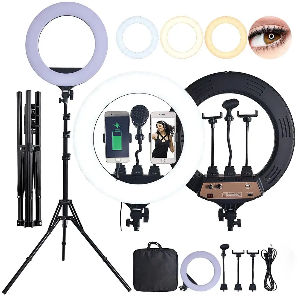 Fosoto 18 Inch Photographic lighting Bi-color Led Ring Light 80W Ringlight Lamp With Tripod For Camera Phone microphone