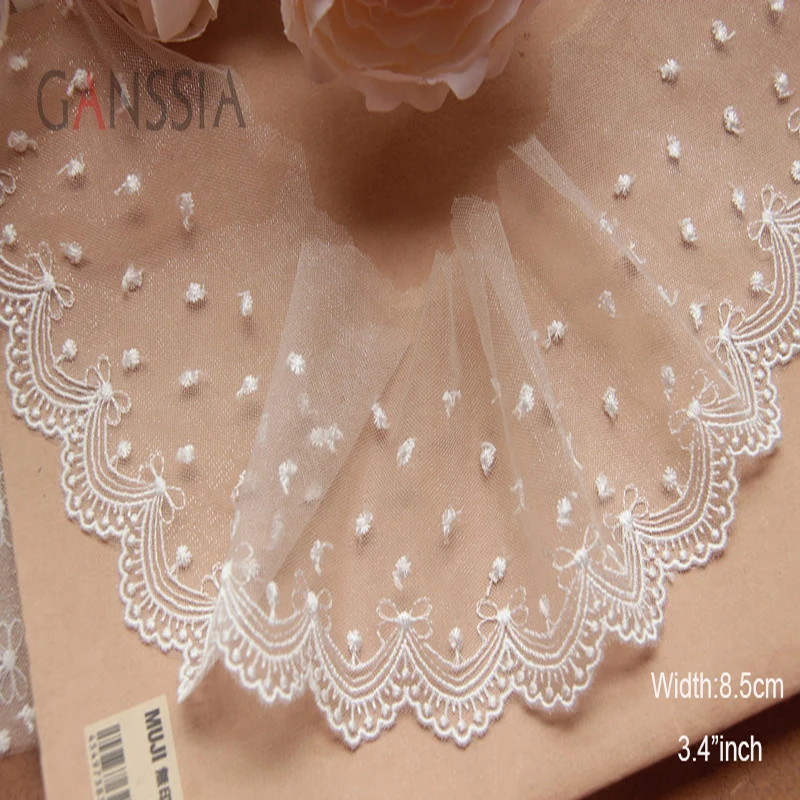 Width:8.5cm (3.40 inch) Attractive Little Dots and Bowknot Embroidery Laces Durable Mesh Trimming Lace for Sewing (SS-2488)