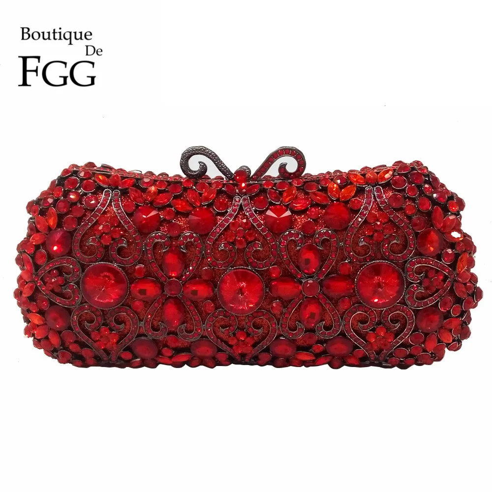 Boutique De FGG ciemnoczerwony kryształowy diament kobiety metalowa wieczorowa kopertówki ślubne Minaudiere sprzęgła torebki ślubne torebki