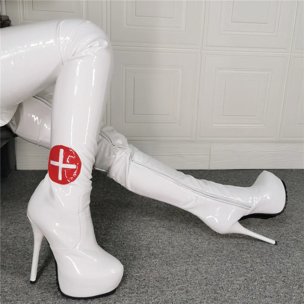 Spring Sexy Platform Symbol Patched White Thigh Boots Patent Leather Over The Knee Boots Thin High Heels Zipper Dance Club Boots