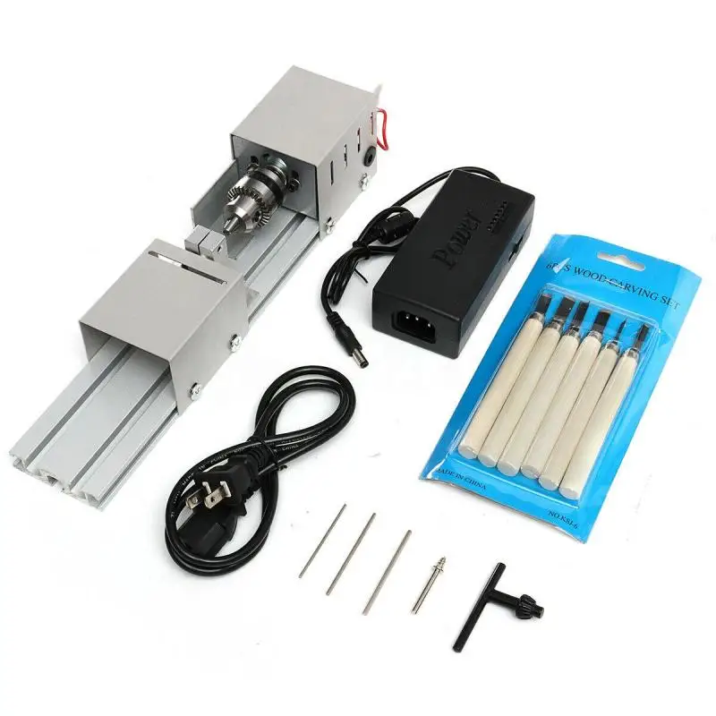 200W Mini Lathe Beads Machine Woodwork DIY Lathe Polishing Drill Set with Adapter Carving Cutter Wood Lathe and 6 Carving Blade