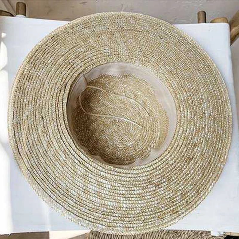 New Women Natural Wheat Straw Hat Ribbon Tie 9cm Brim Boater Hat Derby Beach Sun Hat Cap Lady Summer Wide Brim Protect Hats