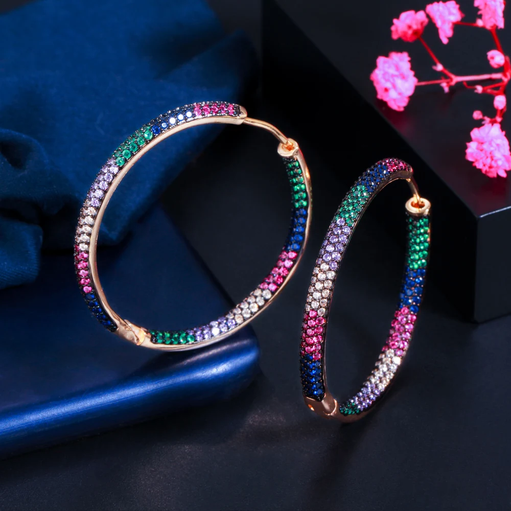 CWWZircons Trendy Two Tones Rainbow Cubic Zirconia Circle Round Hoop Earrings for Women Jewelry Hip Hop Pendientes Mujer CZ846