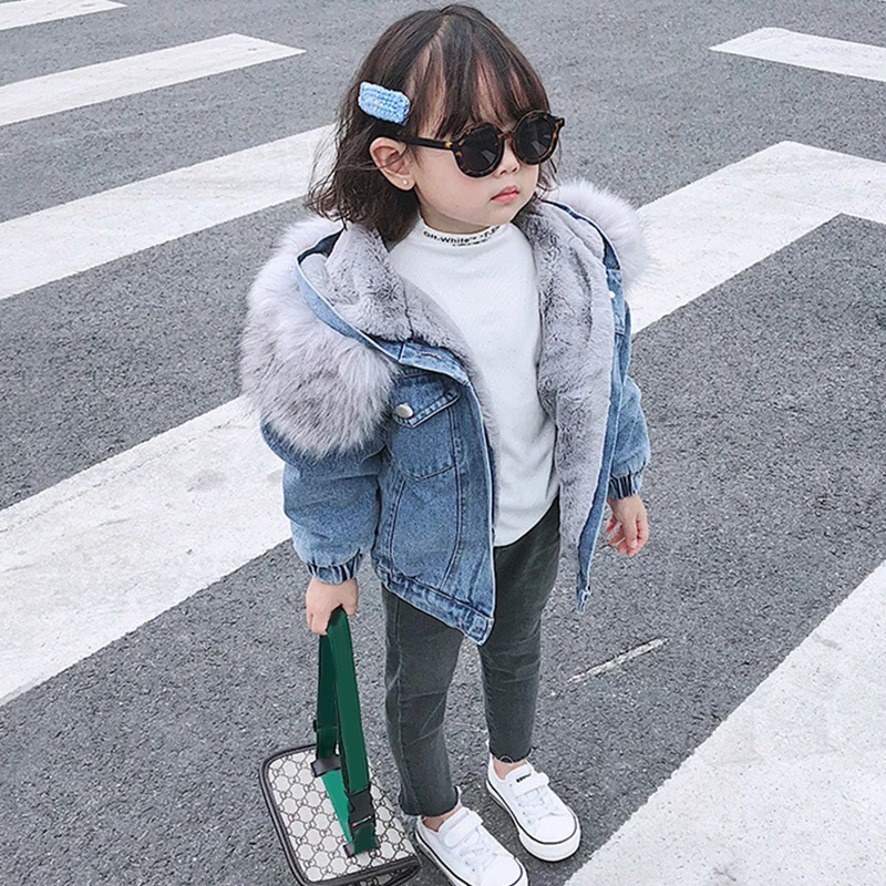 Denim Jacket Fur Hooded Winter Baby Girl Warm Thick Toddler Girl Boys Jeans Jacket Cotton Kids Girl Parka Children Clothes